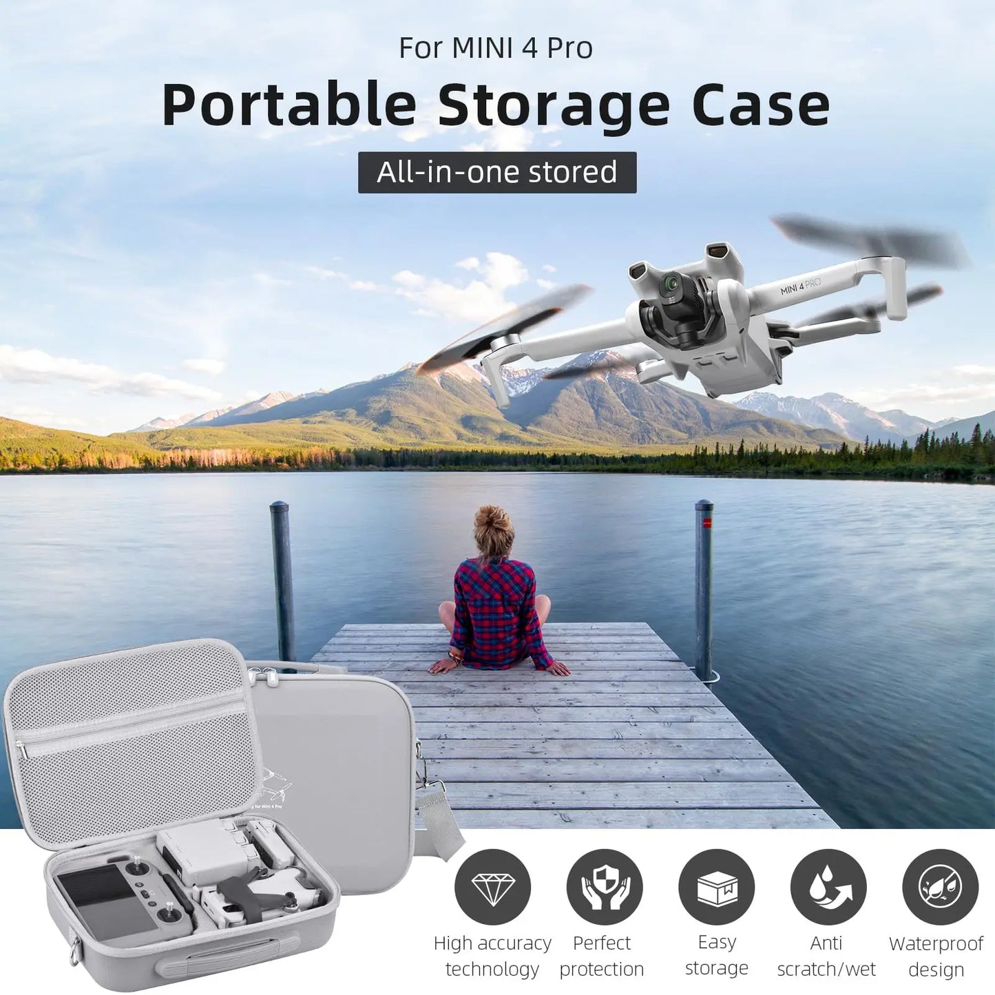 Mini 4 Pro RC 2 Case, Large Capacity Portable PU Leather Storage Bag for DJI Mini 4 Pro Fly More Combo Drone RC2 Controller Kit